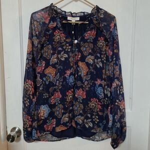 Boho Haver & Blair Floral Tie-Neck Sheer Blouse